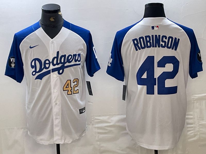 Men Los Angeles Dodgers 42 Robinson White blue Fashion Nike Game MLB Jersey style 3